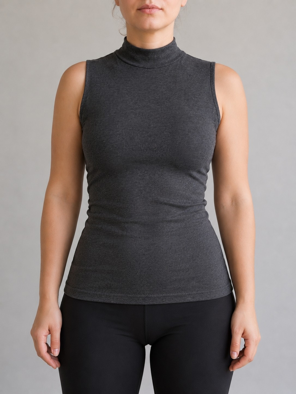 Women's Sleeveless Mock Neck Ribbed Tank Top Gray XL Viscose Blend Stretch